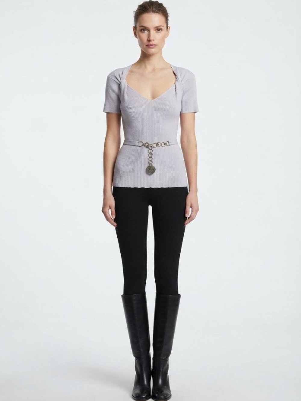 Adrienne Vittadini Lavender Short Sleeve Belted Sweater with Gold Tone Hardware